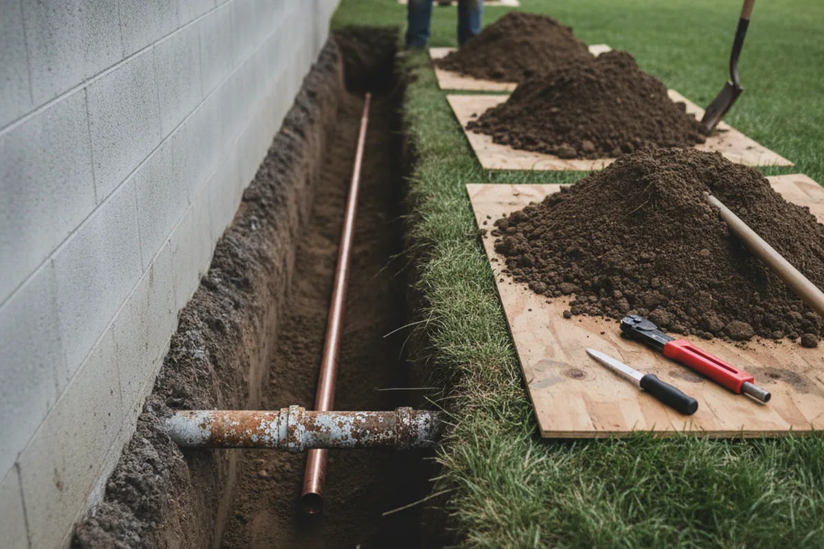 Excavated water line trench during Sewer Line Repair in Mayking